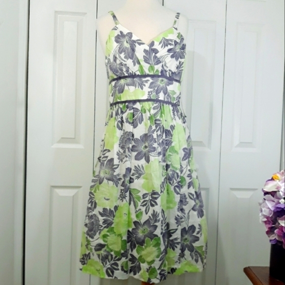 Donna Ricco New Dress Cotton Lined Floral Green Violet Zippered Size 12